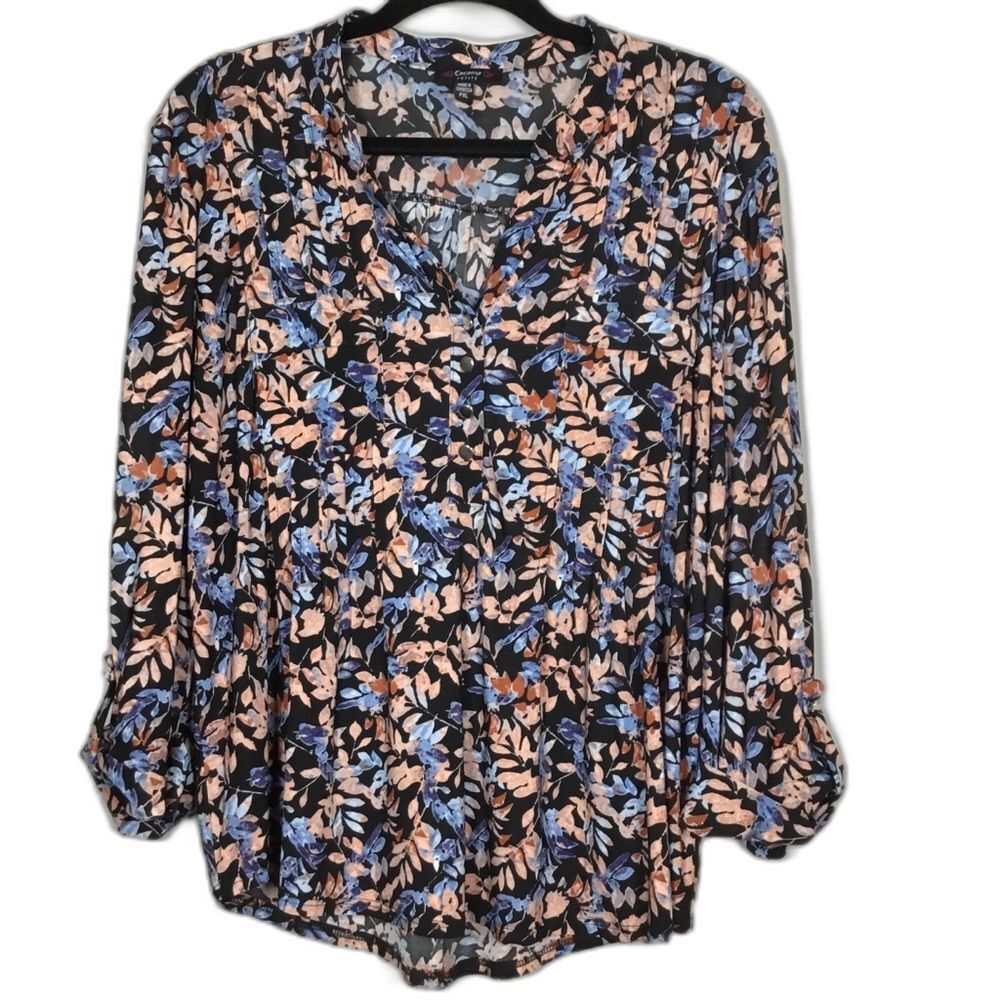 Black blouse with peach and blue leaf pattern 3/4 length sleeve soft size PXL